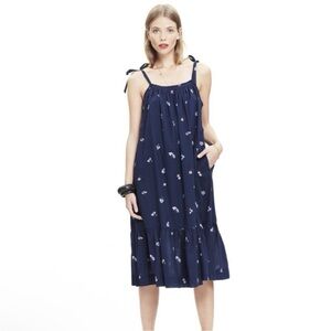 Hatch 100% Cotton Blue Floral Shoulder Tie Strap Midi Dress